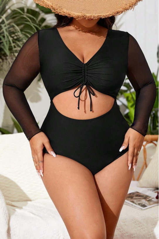 One piece black plus size swimsuit with subtle long sleeves