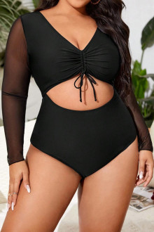 One piece black plus size swimsuit with subtle long sleeves