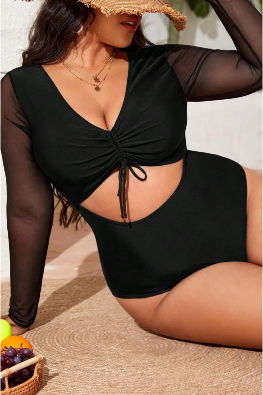 One piece black plus size swimsuit with subtle long sleeves