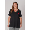 Short sleeve cotton black plus size blouse with embroidered heart