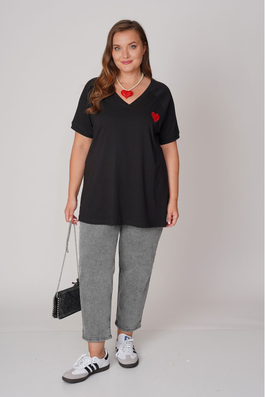 Short sleeve cotton black plus size blouse with embroidered heart