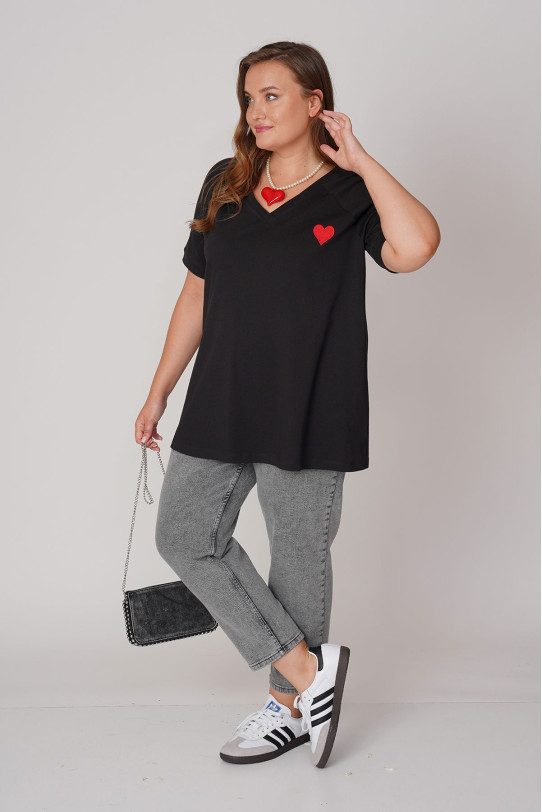 Short sleeve cotton black plus size blouse with embroidered heart