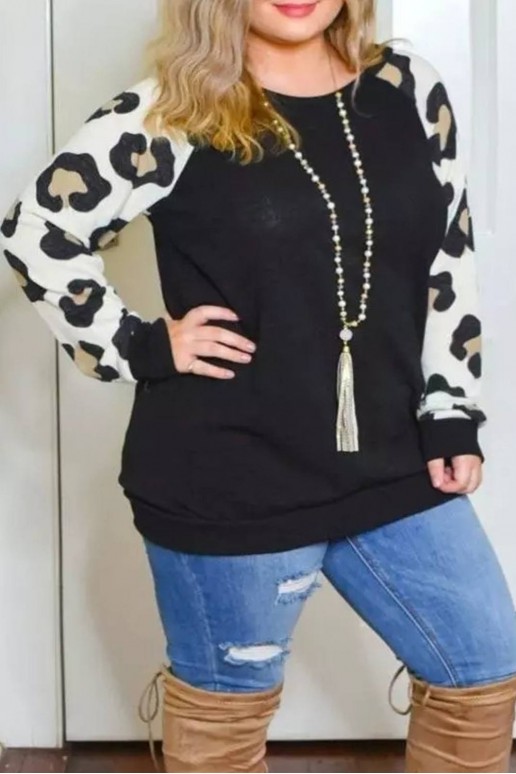 Black plus size blouse with leopard print sleeves