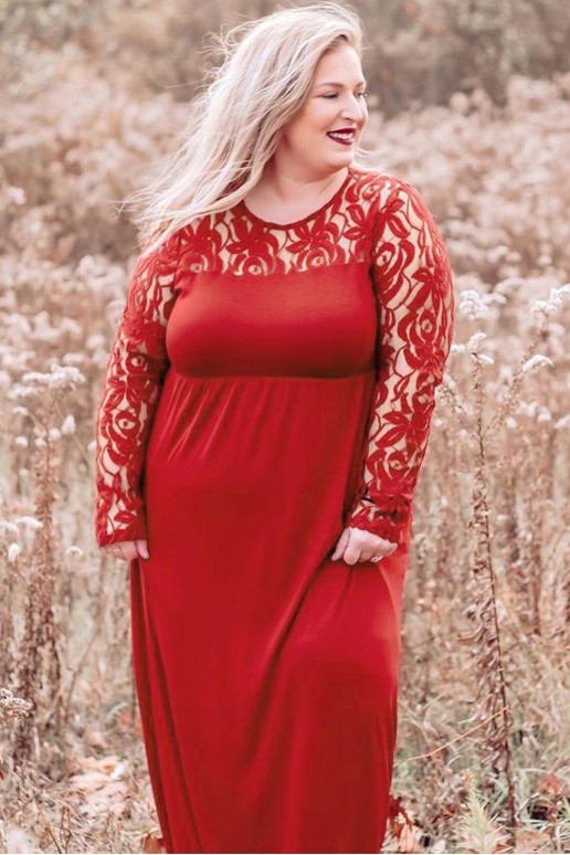 Long red maxi dress with lace sleeves