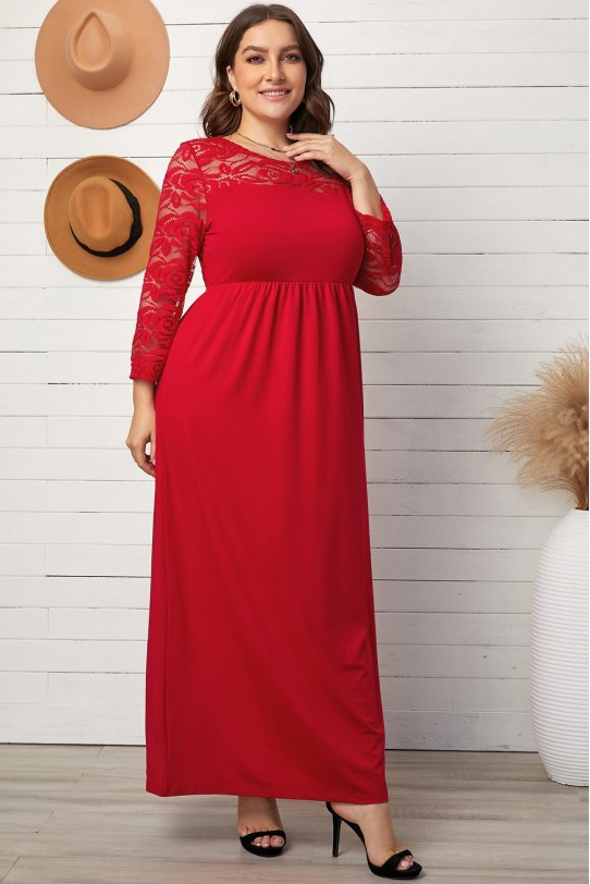 Дълга червена макси рокля с дантелени ръкави