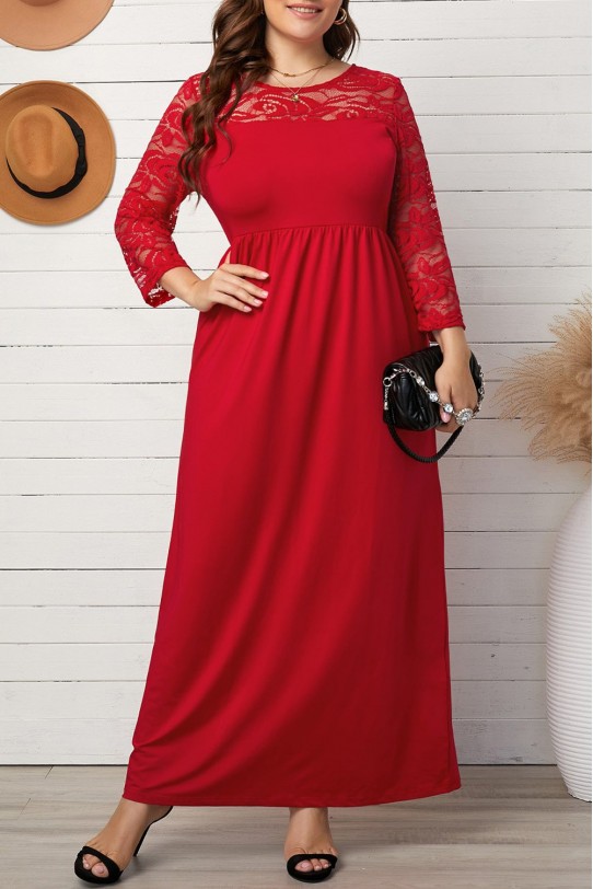 Дълга червена макси рокля с дантелени ръкави