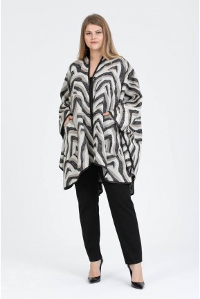Луксозно макси палто в дизайнерска шарка бяло-черно и бежово