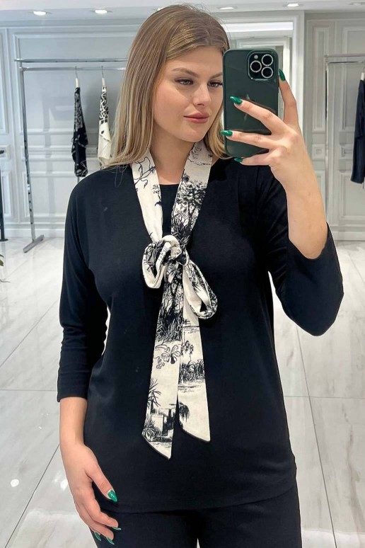 Black plus size blouse with decorative scarf