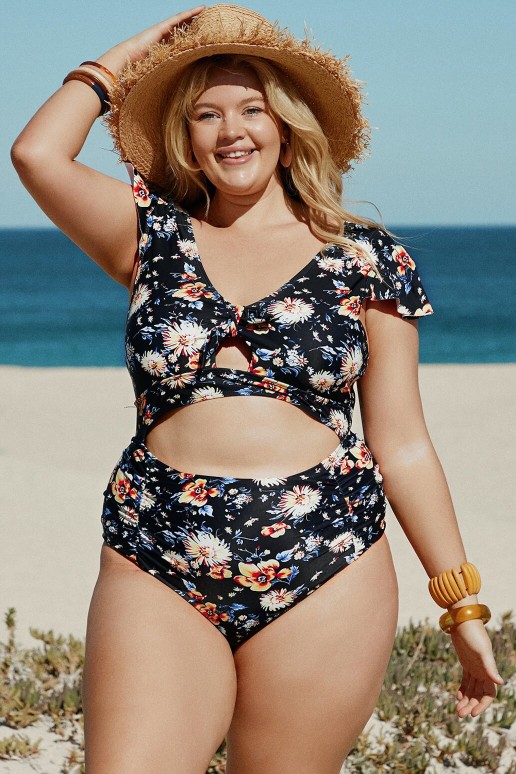 Fashionable full plus size swimsuit with floral print