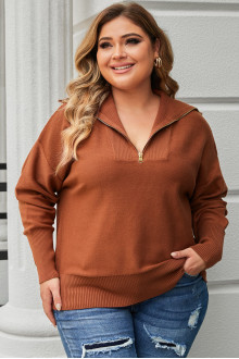 Brown plus size Zip Up Sweater