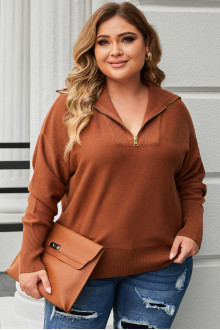 Brown plus size Zip Up Sweater