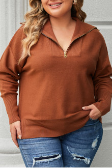 Brown plus size Zip Up Sweater