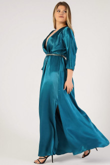 Luxurious formal long turquoise satin fabric plus size dress