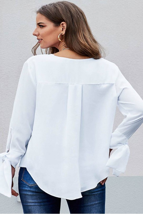Бяла макси блуза с дълги ръкави с връзване