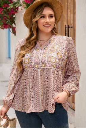Plus size blouse with embroidery and print in boho style