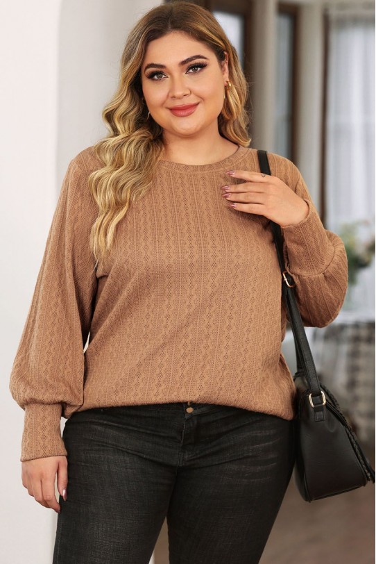 Brown plus size blouse in textured fabric with fine braid