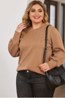 Brown plus size blouse in textured fabric with fine braid