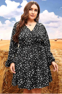 Black plus size dress with long sleeves and white spots