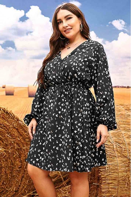 Black plus size dress with long sleeves and white spots