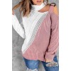 Двуцветен макси пуловер с висока яка и изрязано рамо