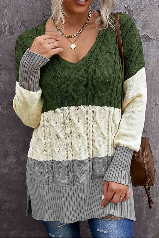 Памучен макси пуловер-туника в зелено, сиво и кремаво