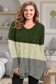 Cotton plus size sweater-tunic in green, gray and cream