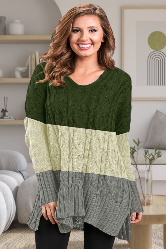 Памучен макси пуловер-туника в зелено, сиво и кремаво