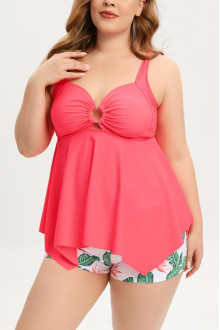 Peach tankini plus size swimsuit and floral shorts