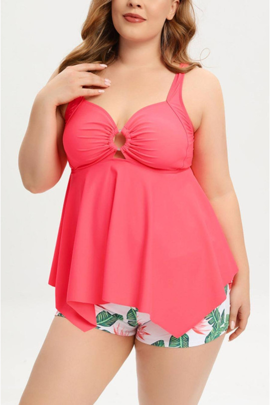 Peach tankini plus size swimsuit and floral shorts