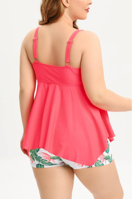 Peach tankini plus size swimsuit and floral shorts