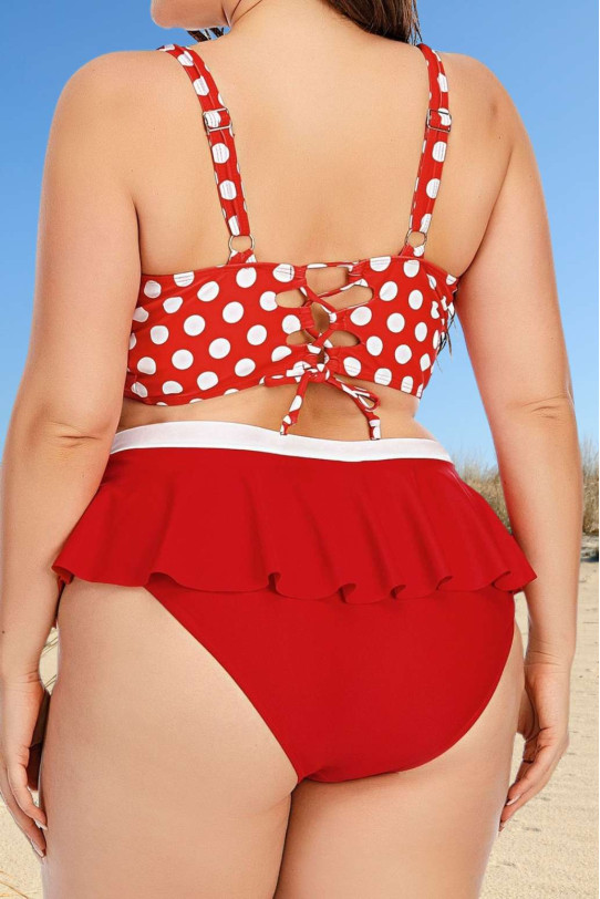 Women's retro style red half-length plus size swimsuit