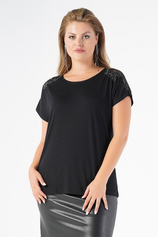 Luxurious plus size blouse with short sleeves and sequins on the shoulders