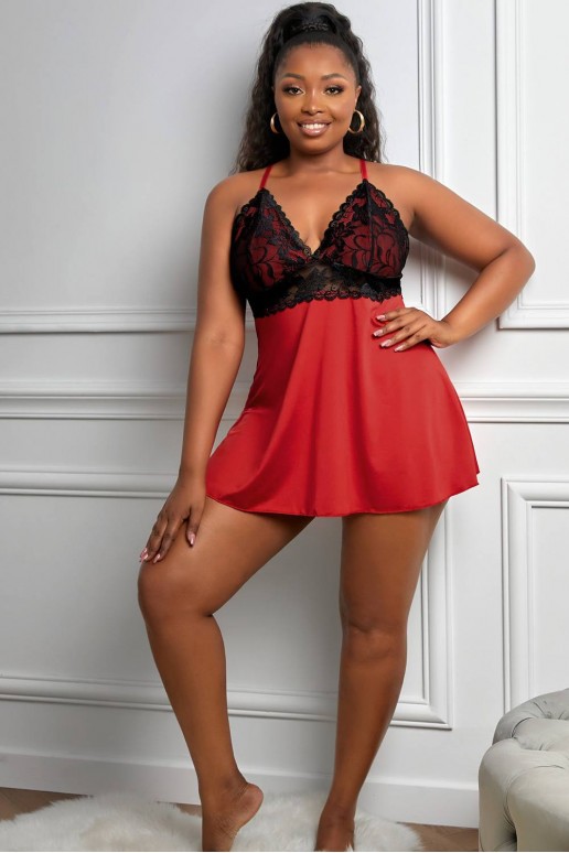 Cut out sexy plus size nightdress in red and black lace