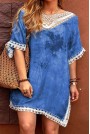 Синя плажна рокля в бохо стил с плетена бродерия