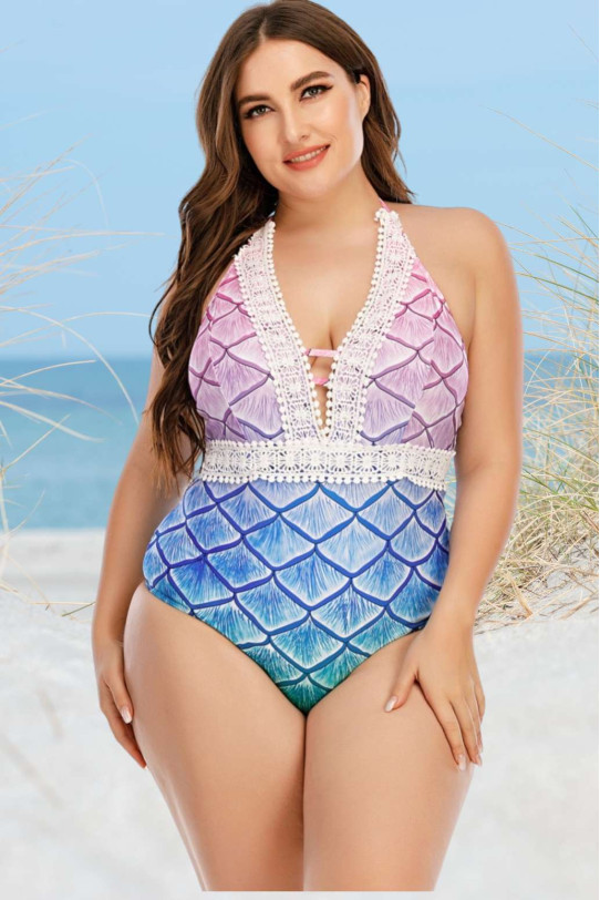 One piece plus size swimsuit with mermaid print and embroidery