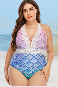 One piece plus size swimsuit with mermaid print and embroidery