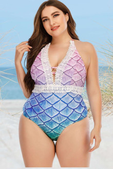 One piece plus size swimsuit with mermaid print and embroidery