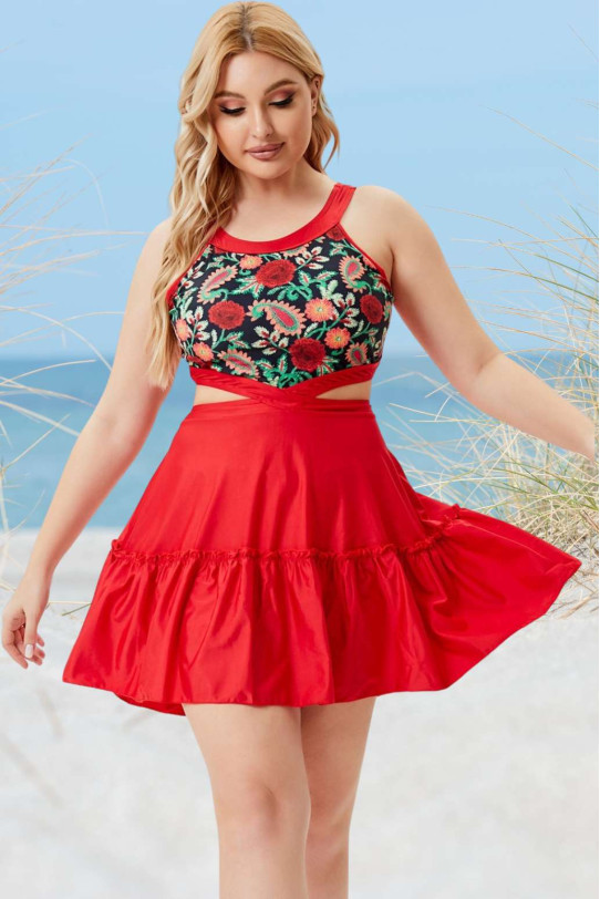 Red floral print plus size tankini and shorts