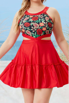 Red floral print plus size tankini and shorts