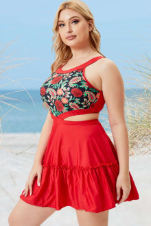 Red floral print plus size tankini and shorts