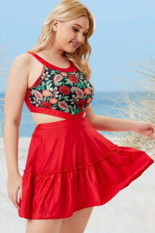 Red floral print plus size tankini and shorts