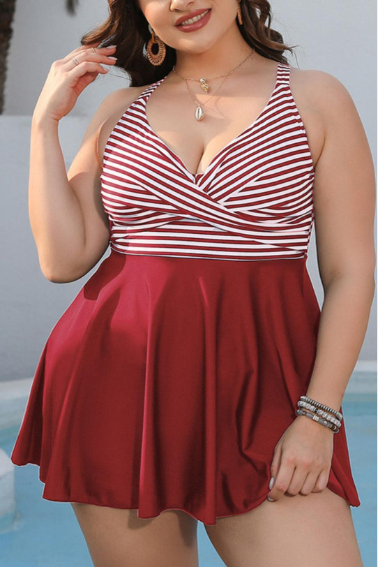 Modern two-piece swimsuit with red color and stripes