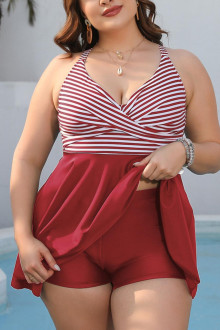 Modern two-piece swimsuit with red color and stripes