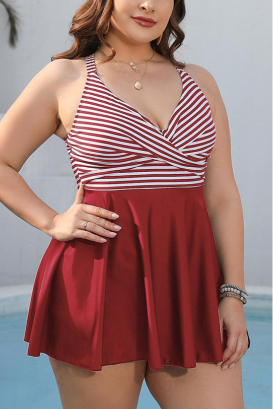 Modern two-piece swimsuit with red color and stripes