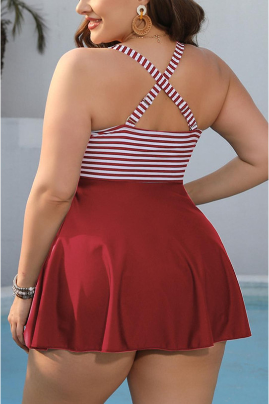 Modern two-piece swimsuit with red color and stripes