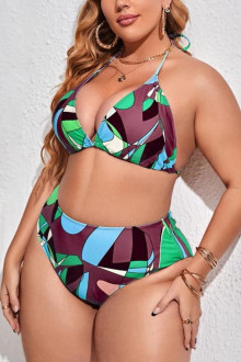 Geometric print plus size swimsuit and beach shirt set