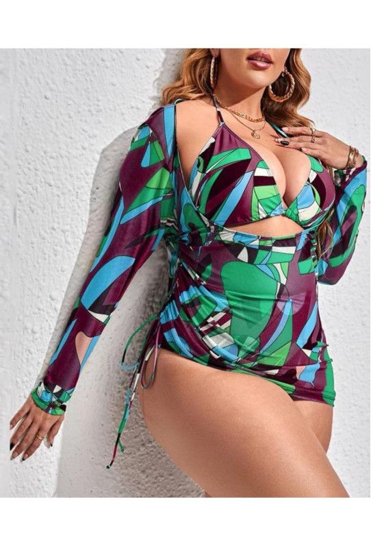 Geometric print plus size swimsuit and beach shirt set