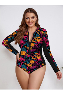 Long Sleeve Floral Print One Piece Swimsuit