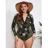 Long sleeve plus size swimsuit with water lily print