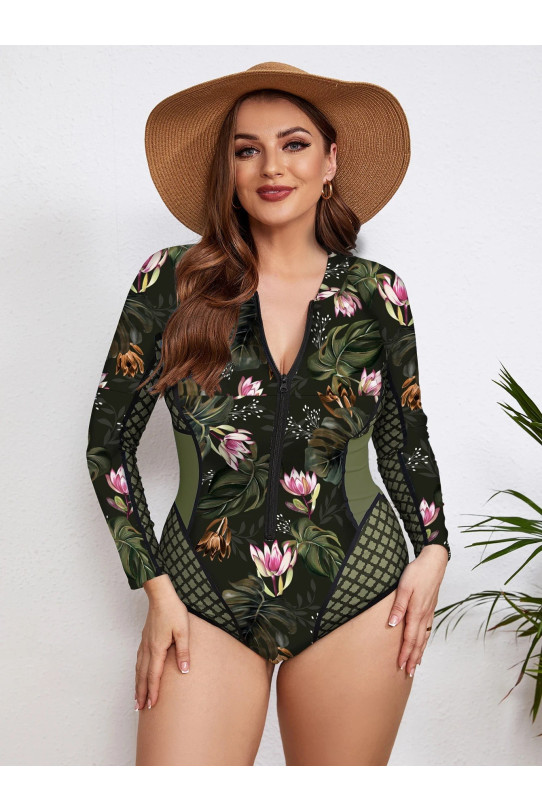 Long sleeve plus size swimsuit with water lily print